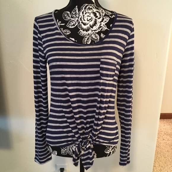 Long Sleeve Blue and Gray Striped Front Tie Shirt - Picture 1 of 7